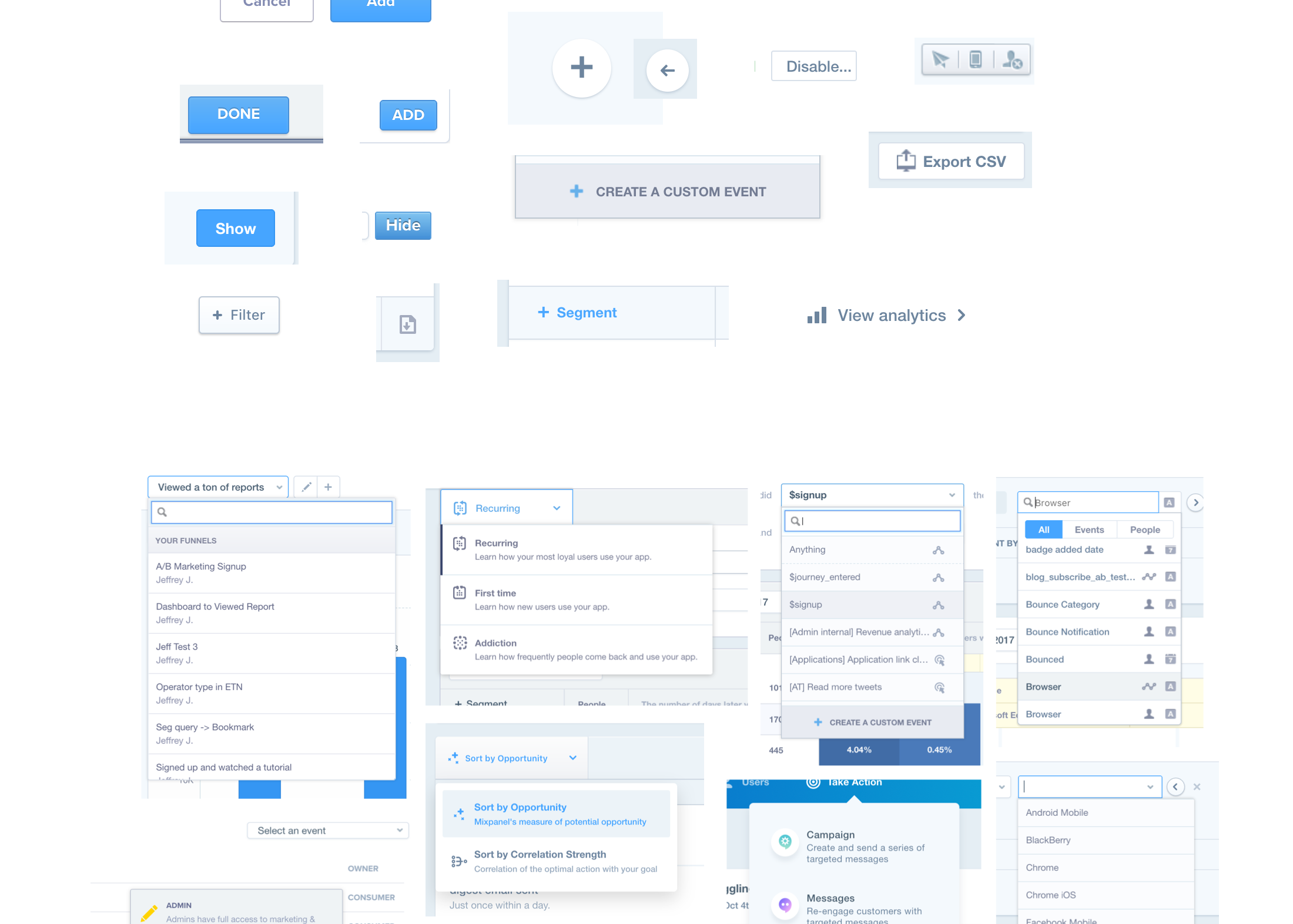 A product audit I began working on within weeks of starting at Mixpanel in 2014. Top: Some buttons. Bottom: Some drop downs.