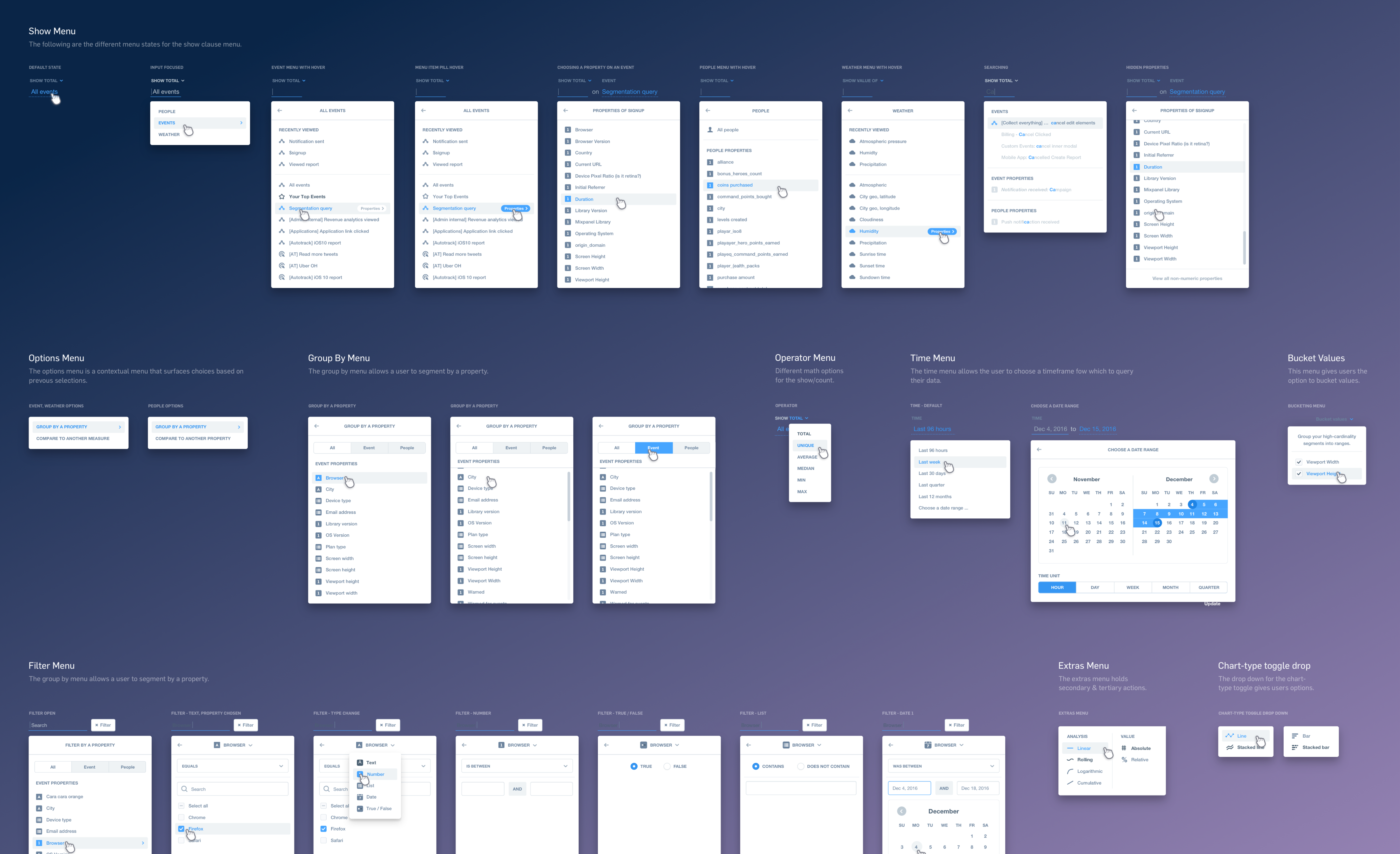 Developer handoff to showcase the multiple permutations and states of the Insights menu.